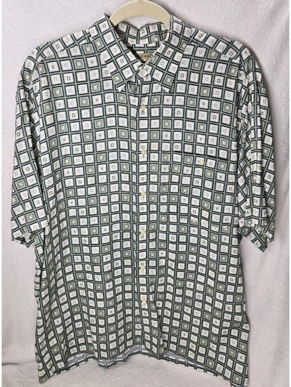 Natural Issue Men’s Large Button Up Shirt Short Sleeve Sage Green Squares